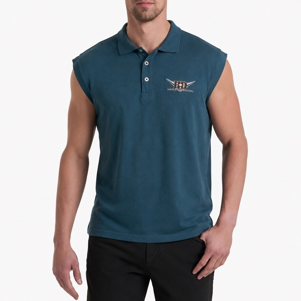 Harley Davidson Motorcycles Blue Sleeveless Polo Shirt Top